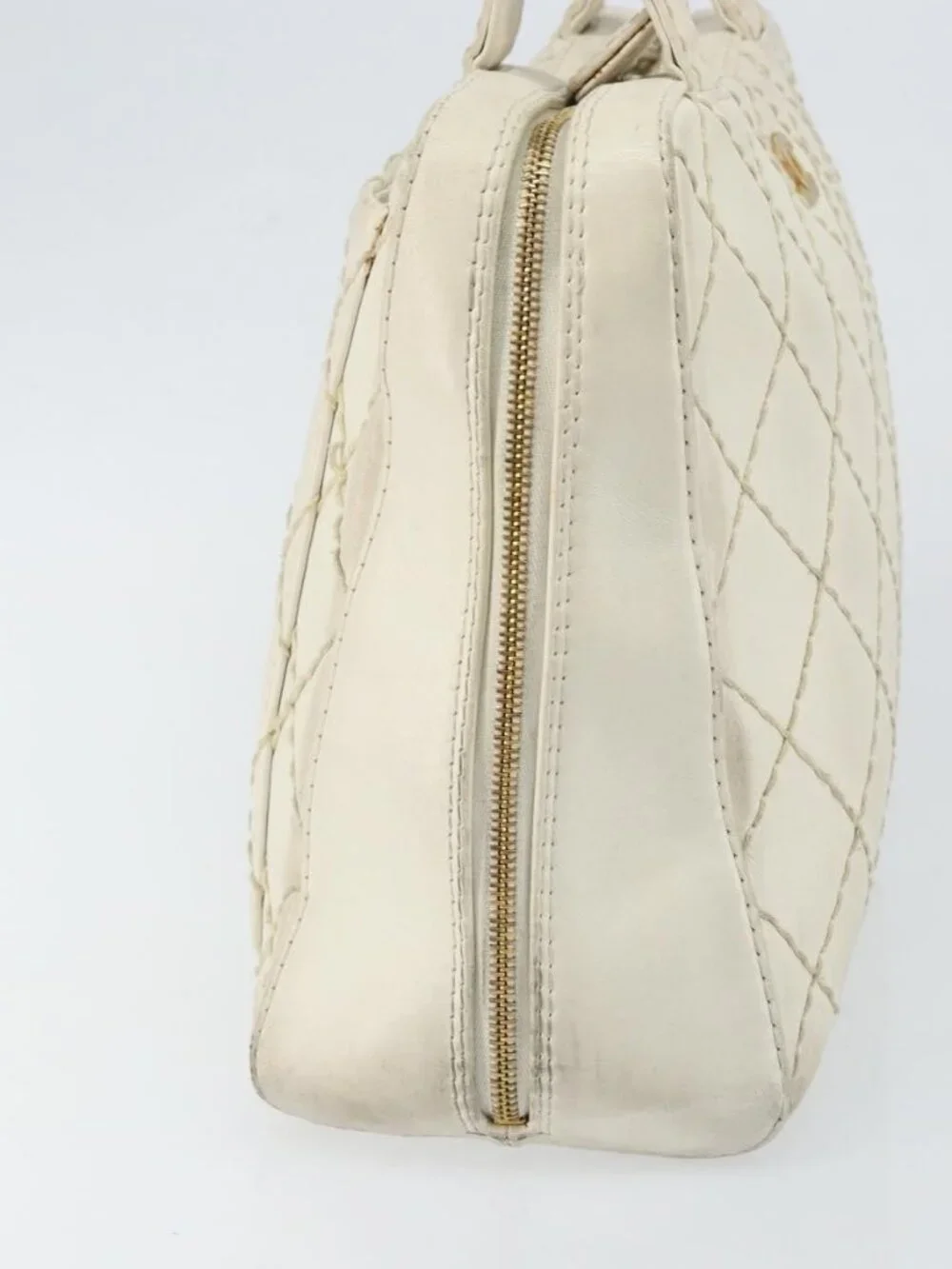 CHANEL Wild Stitch Hand Bag Leather White Gold CC Auth BA6858